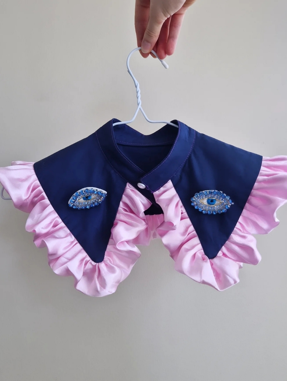 Navy & Pink Ruffled Detachable Collar with Beaded Eye Appliqués